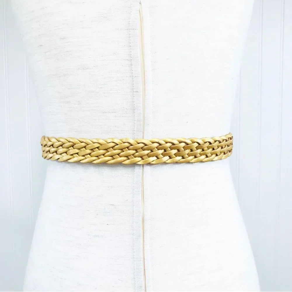 VINTAGE 90s Gold Metallic Woven Leather Belt‎ Braided Y2K Retro Medium Large